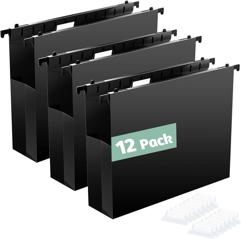 SHUTEX Extra Capacity Plastic Hanging File Folders,12 Pack Reinforced Hang Folders Letter Size,Accordian Pocket,Heavy Duty 2 Inch Expansion,Hard Hanging Folder Organizer for Office Home,Black - Image 1